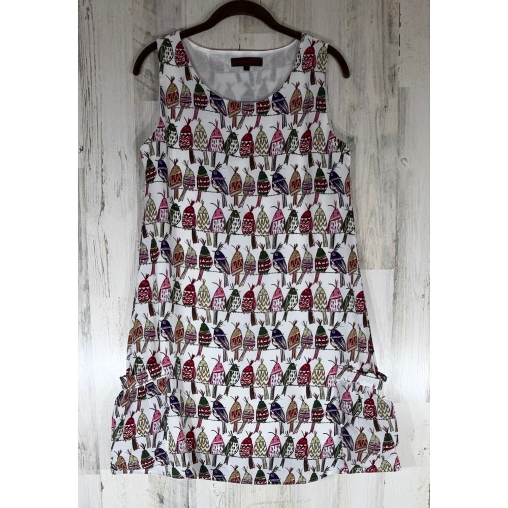 SM Wardrobe Quirky Bird Print Shift Dress Small Sleeveless Slouch Pockets READ